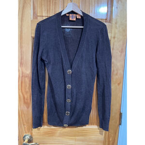 Women’s Tory Burch Brown Linen Blend Old Money Big Gold Button Cardigan Small